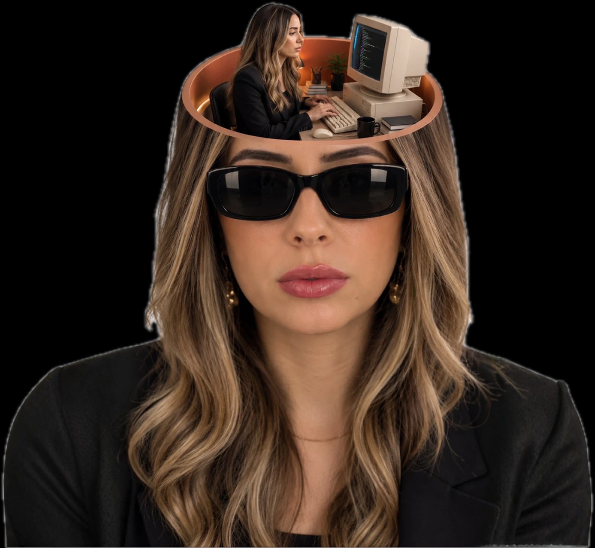 Retrato editorial da fundadora da Lumarian: a cabeça aberta revela uma mesa de trabalho